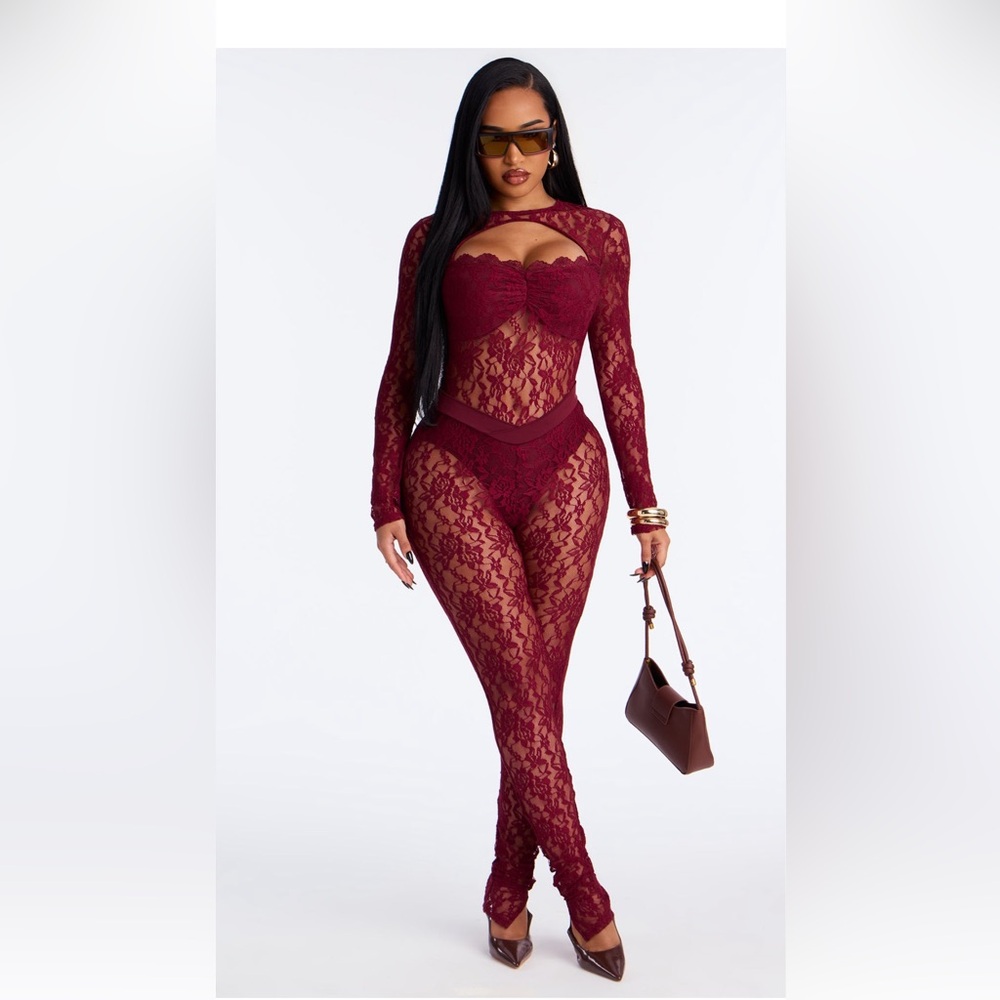 Fashion Nova Burgundy Lace Bodysuit